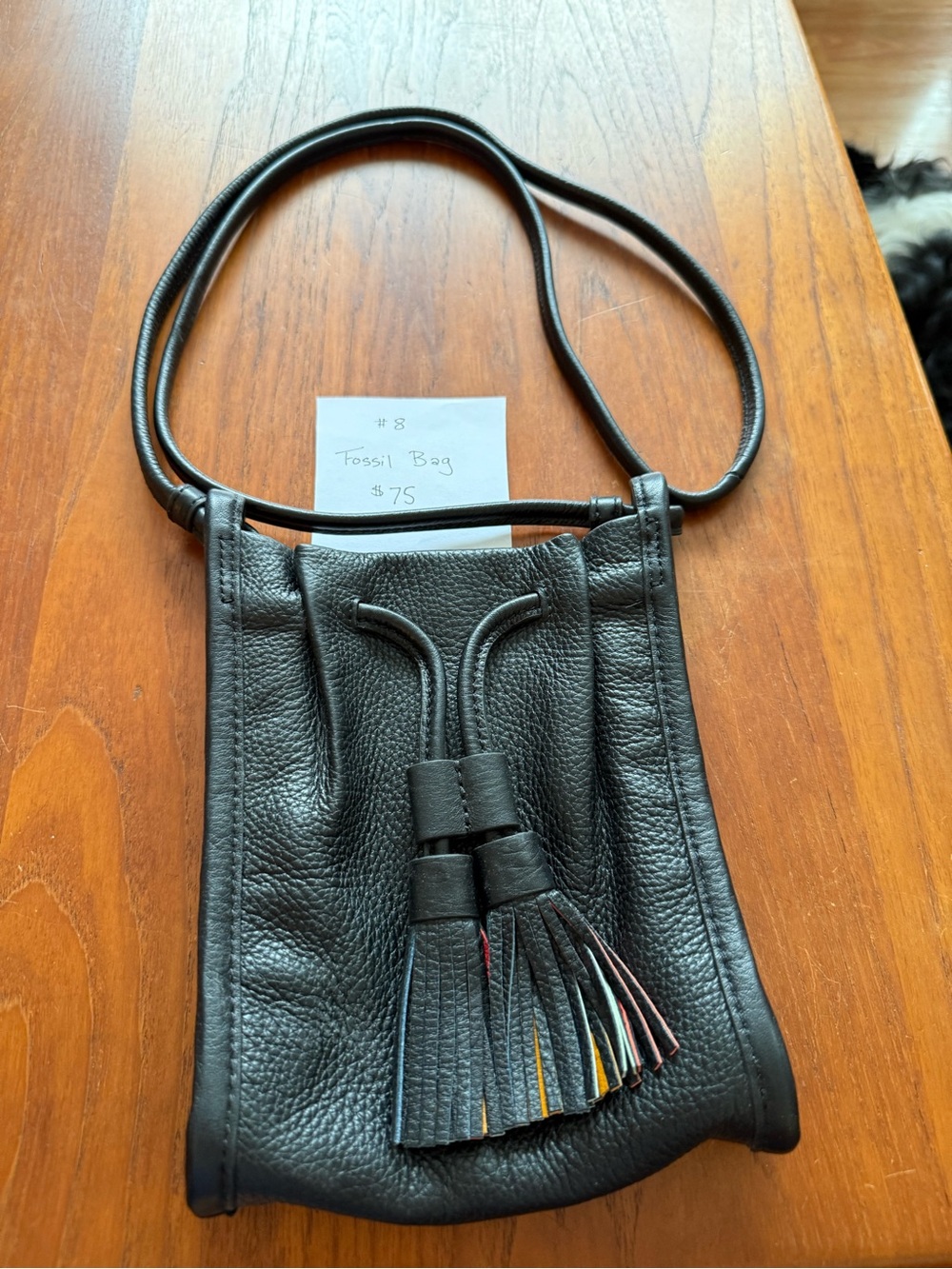 Fossil Black Pebbled Leather Crossbody Bag with Multicolor Tassel